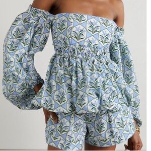 Agua by Agua Bendita Blue and Green Floral Off-Shoulder Peplum Top